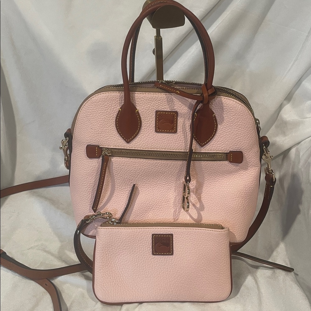 Dooney & Bourke Pebble Grain Large Domed Satchel Pink Brown Leather w/ Clutch